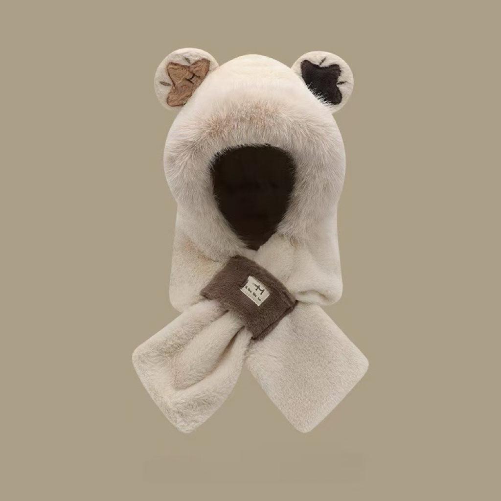 Women s autumn and winter hat, scarf, and gloves three-piece set, faux rabbit fur hat, plush, warm, ear-protecting, versatile hat for cycling Round-Eared Starry Sky Be