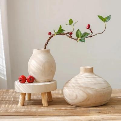 Living Room Handmade Green Plant Flower Arrangement Vase Ornament Home Solid Wooden Small Vase Crafts Retro Flowerpot Decoration
