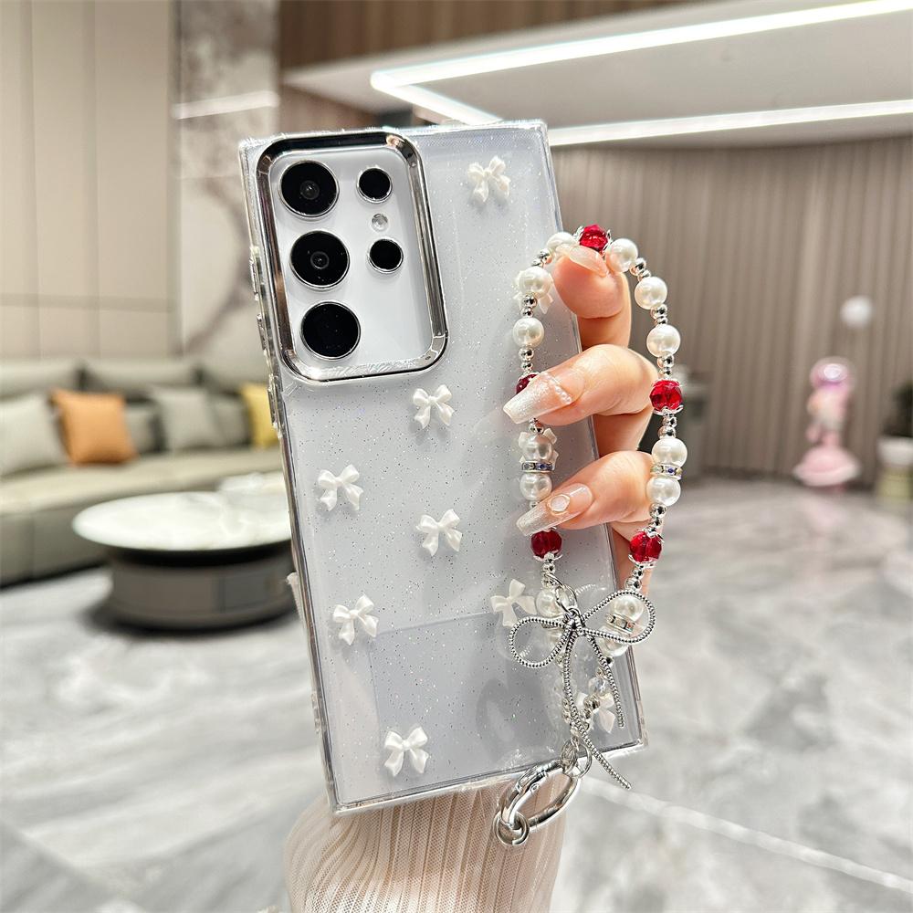 Cute Bowknot Bracelet Transparent Case for Samsung Galaxy S24 Ultra S23 Plus S22 FE A15 A16 A25 A35 A55 A13 Wrist Chain Cover