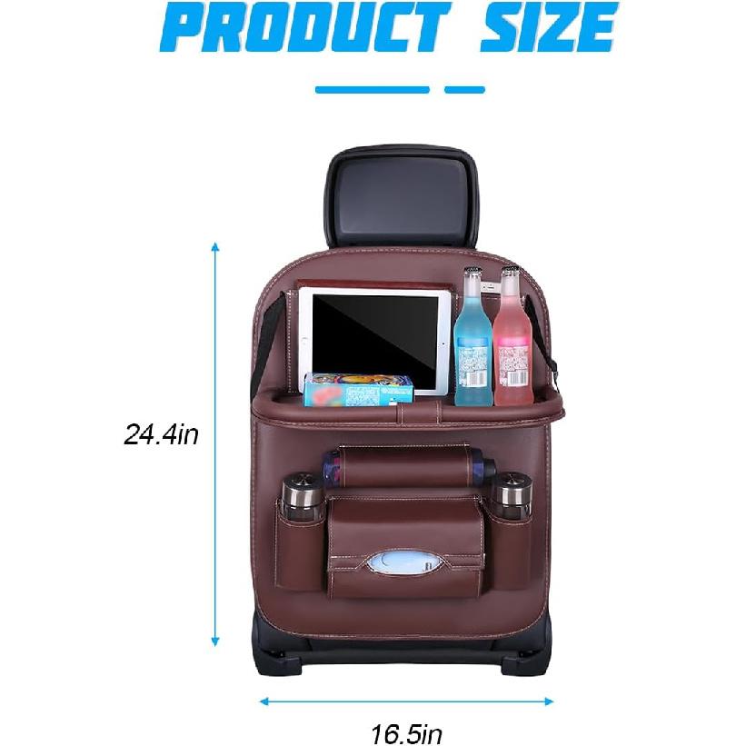 Car Seat Back Organizer, Leather Vehicle Seatback Storage Pocket With Foldable Table Tray, Multifunctional Automotive Backseat Protectors Kick Mats