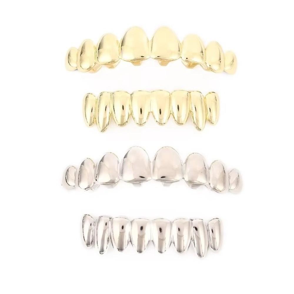 Unisex Glossy Finish Teeth Grillz Top Bottom Set Eco-friendly Copper Shiny Teeth Grillz Caps Gold Silver Teeth Jewelry Rapper