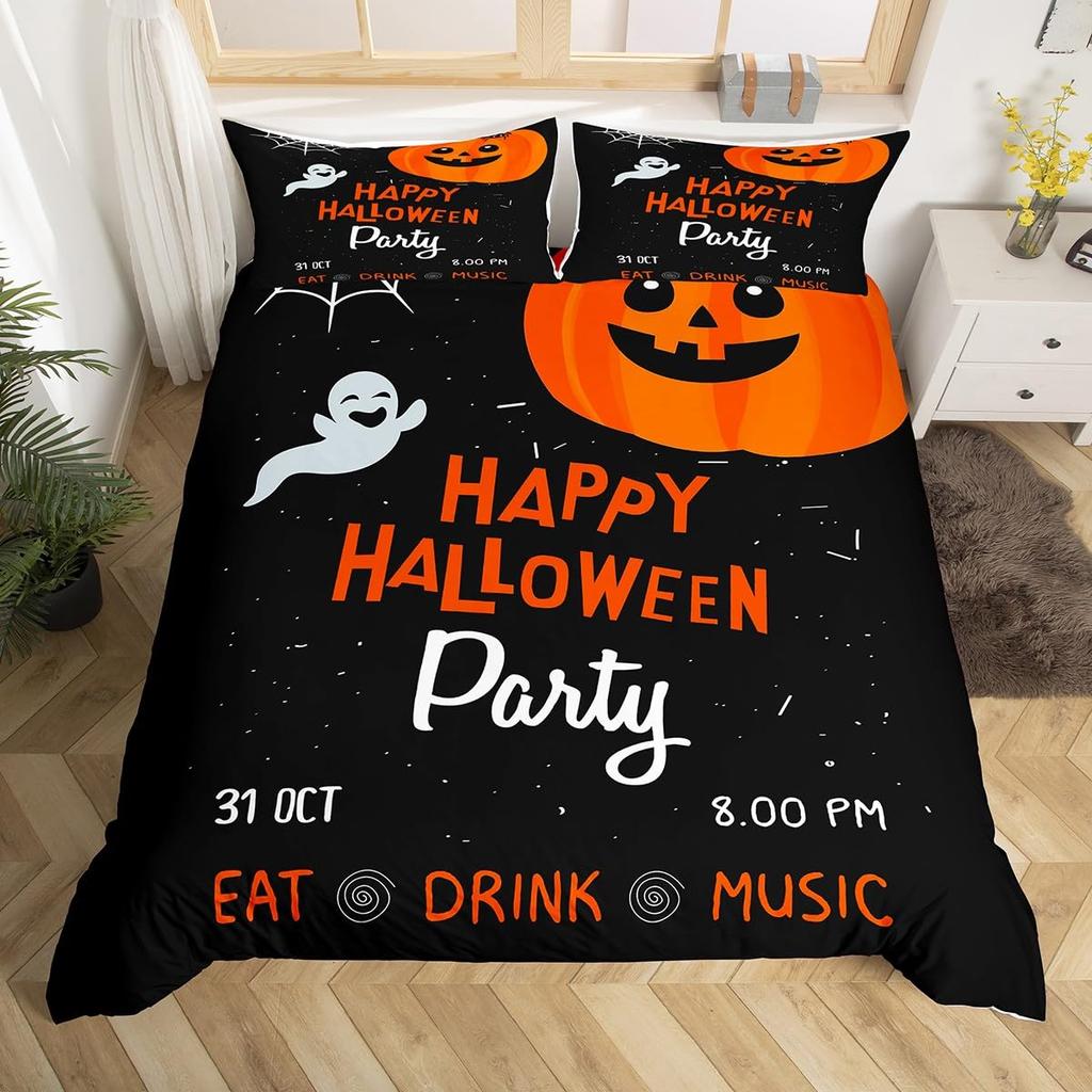Halloween Bettbezug Zuckerschädel Kopf Bettwäsche Set Queen/Full Größe, Gruselig Erschreckende Fledermäuse Skelett Bettdeckenbezug für Teenager Jugendliche