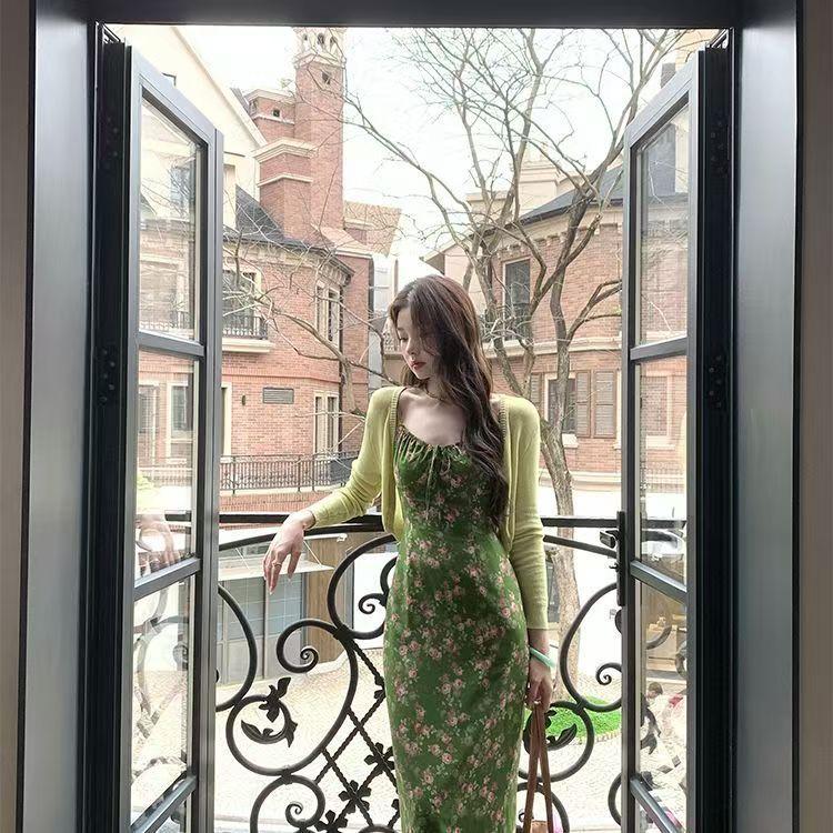 [Midsummer Story] French Floral Suspender Dress for Women's Summer Waist and Thin Straps Long Skirt