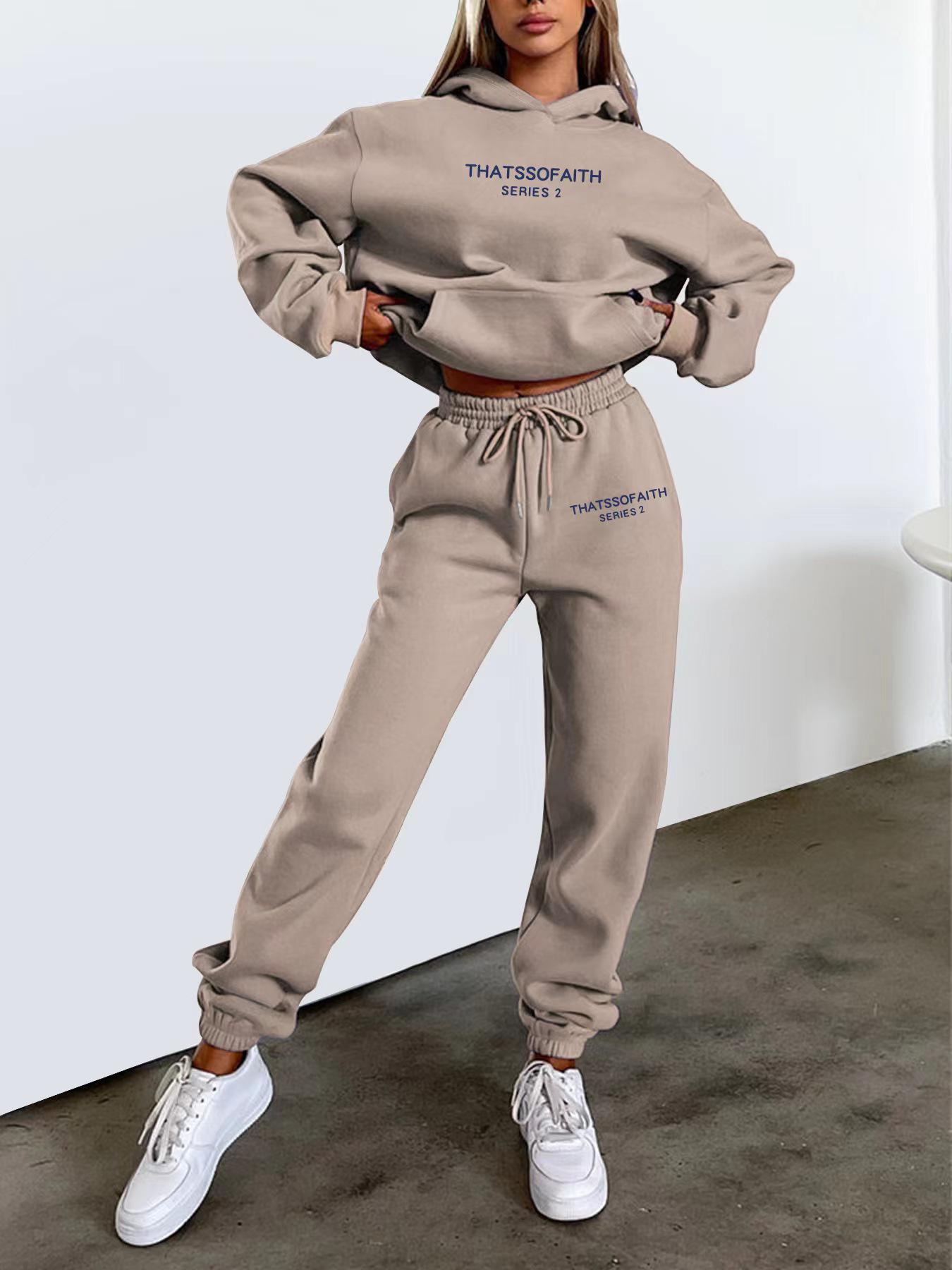 

Women s Letter Print Hooded Sweatshirt & Casual Fleece Long Pants Set Small верблюд