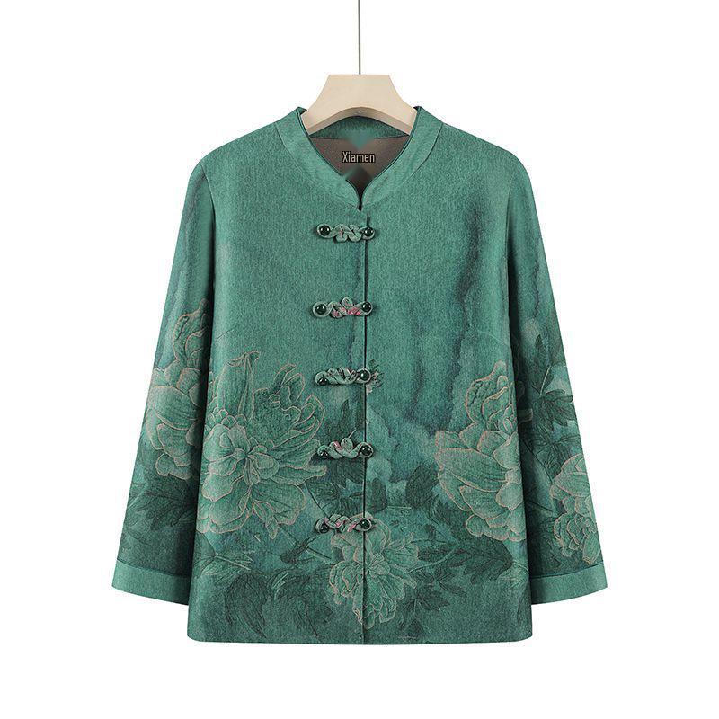 

Grandma s Spring & Autumn Long Sleeve Top: Women s New Chinese Style Shirt for Middle-Aged 5XL - for 150-160 jin зелёный