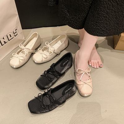 Sapatos de bailarina de bico quadrado com laço doce, outono, nova moda, versátil, de enfiar, boca rasa, estilo Mary Jane