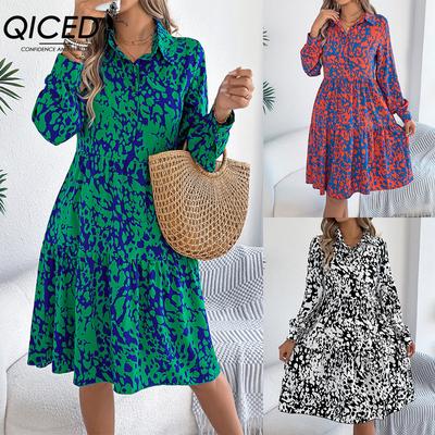Autumn and Winter Casual Loose, Color-blocking Leopard Print Long-sleeved Shirt Dress for Women