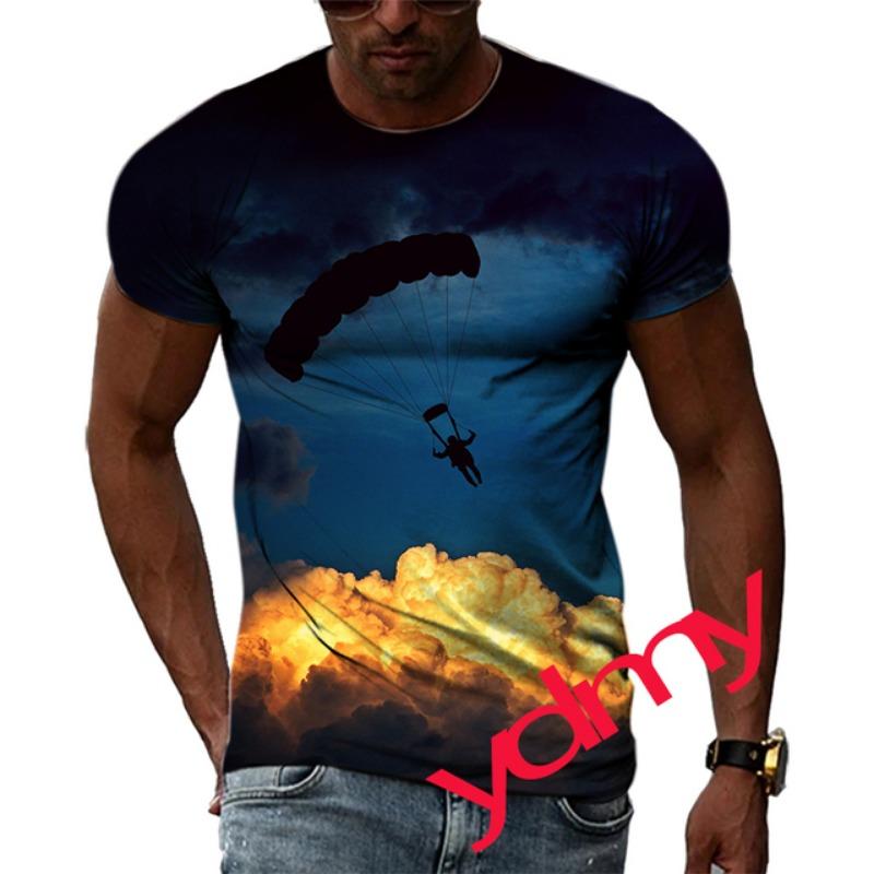 Tide Fashion Summe Parachute Picture Men's T-shirt Casual Print Tees Hip Hop Personality Round Neck Short Sleev Tops