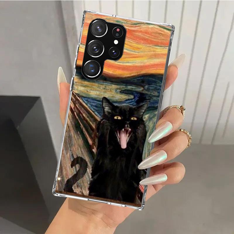 Schwarze Katze Cartoon Niedliche Handyhülle für Samsung Galaxy S26 S24 S23 Ultra S25 Edge S22 S21 Plus S20 FE + Weiche Druckschale Funda Gal