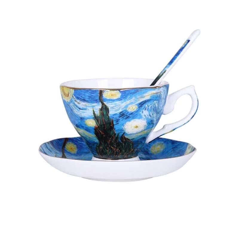 Knochenkeramik Van Gogh Kunstmalerei Sternennacht Sonnenblumen Sämann Iris Saint-Remy Teetassen Becher Kaffeetasse Untertassen Löffel Set