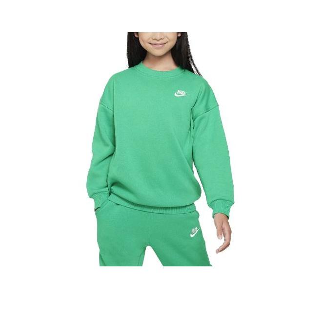 Nike Sportswear Club Fleece Logo Embroidered Ribbed Crew Neck Relaxed Sweatshirt Kids Tops Neon-Green FD2923-324