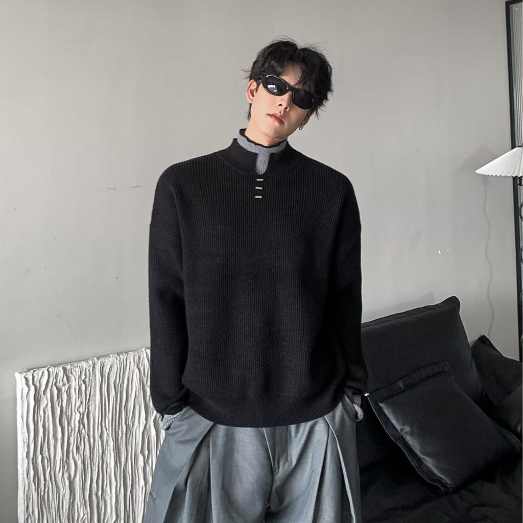Niche fake two-piece contrasting color double-layer turtleneck sweater men's autumn popular style simple casual knitted sweater top