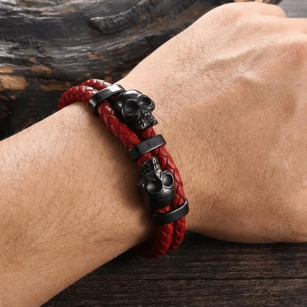Punk Style Leather Braided Bracelets Unique Magnetic Hand Chain Gothic Skull Wristband Anniversary