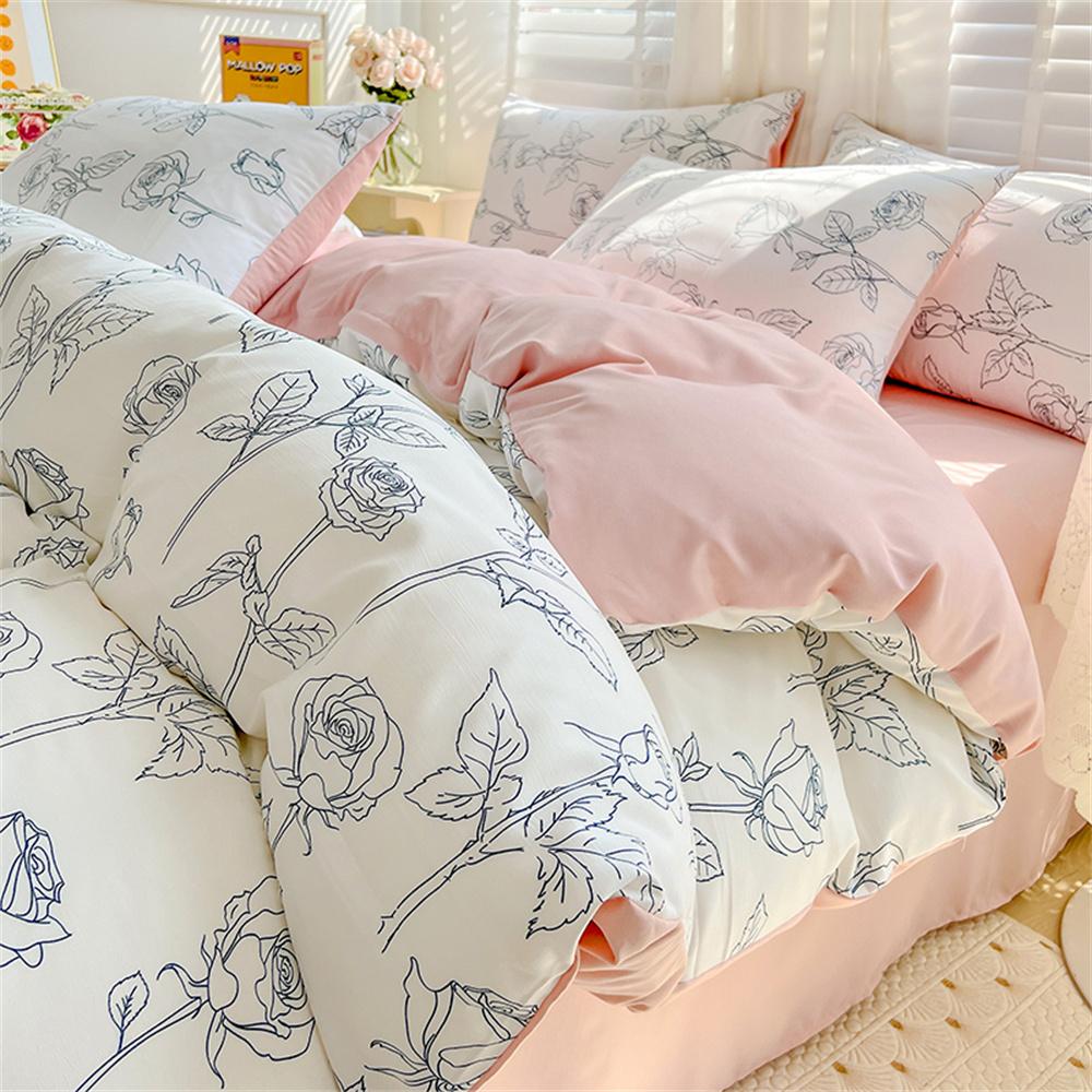 

Комплект постельного белья из четырех предметов Простой пододеяльник Растительный цветочный Простыня Взрослые и дети Стиранный хлопок Наволочка Домашний текстиль Flat Bed Sheet&Single150x200 3pcs ярко-розовый