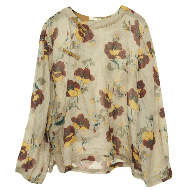 

Johnature женские рубашки рами в китайском стиле топы осенние с цветочным принтом и круглым вырезом с длинным рукавом и пуговицами женские винтажные рубашки One Size легкие хаки