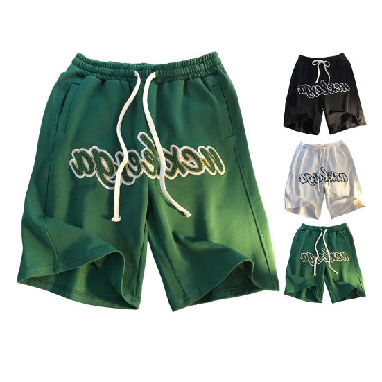 Men Casual Shorts Elastic Waist Adjustable Drawstring Straight Wide Leg Sport Shorts with Pockets Street Style Running Shorts