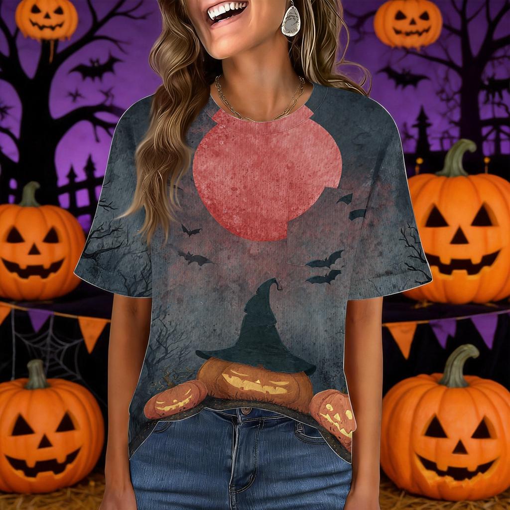Women's Casual Short Sleeve Pullover Top Halloween Print Round Neck Pocket Design Loose Fit Comfortable T Shirt for Everyday Wear