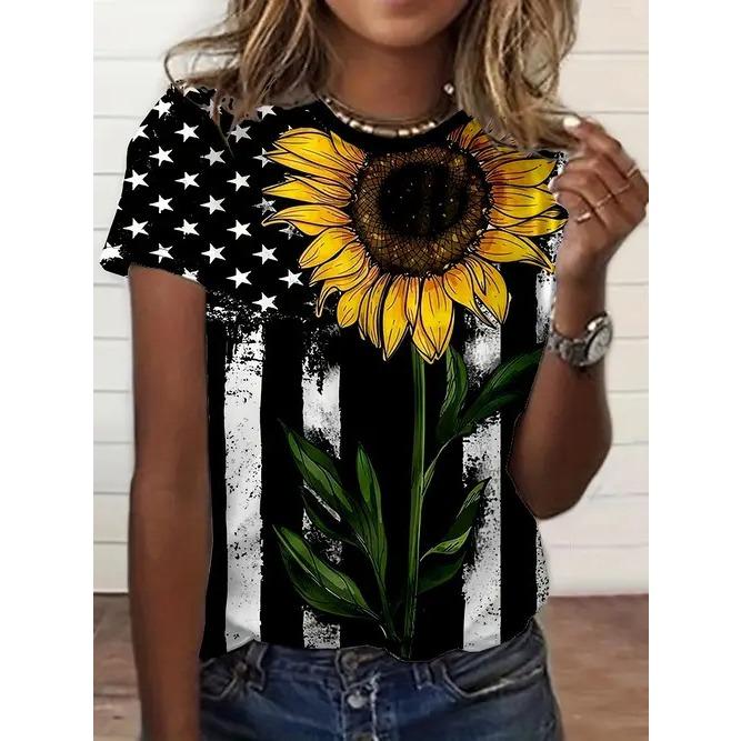 

Летние футболки с круглым вырезом, с принтом в виде американского флага, 3D-печать, модные, повседневные, с коротким рукавом, женские XS