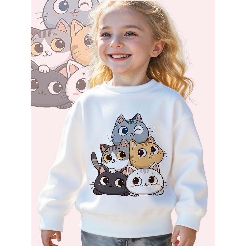 Kids Crewneck Sweatshirt, Kawaii Cat Friends Cartoon Graphic Print, Soft Casual Long Sleeve Pullover