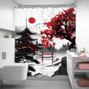 Japanese Cherry Blossom Shower Curtain Watercolor Black Red Floral Asian Chinese Mountain Sun Anime Fabric Waterproof