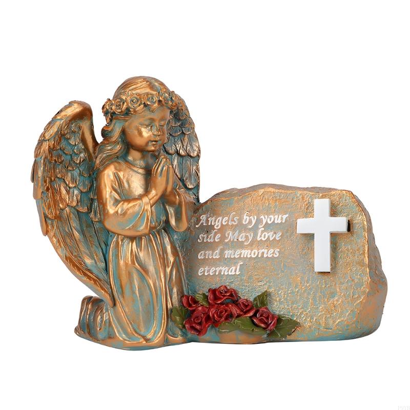 Solar Powered Resin Praying Angel Memorial Statue With Glowing Crosses Grave Light for Outdoor Garden Cemetery Decors P9YB