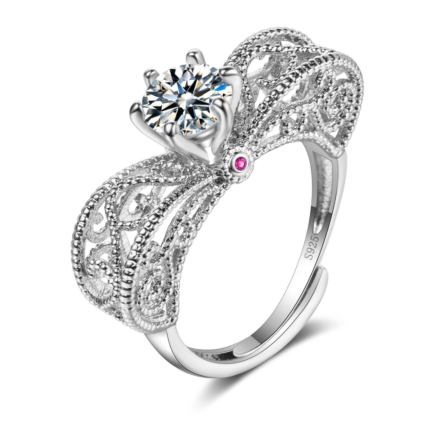 Angel Wedding Gown Design Six Prong 1 Carat Simulated Moissanite S925 Silver Plated Ring for Women Bridal Engagement Jewelry opening adjustable