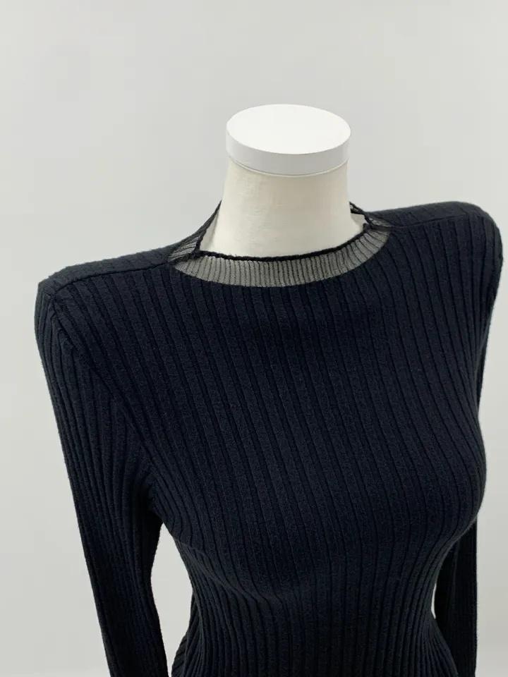 Chic Sheer Knit Top for Women – Long Sleeve, Half Neck, Ribbed Slim Fit, Office, Casual, Date Wear