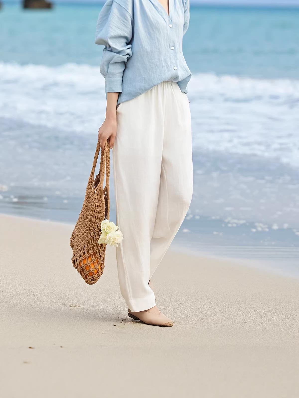 2026 Spring/Summer Tencel Linen Wide-Leg Women s Pants with Contrast Stitching M