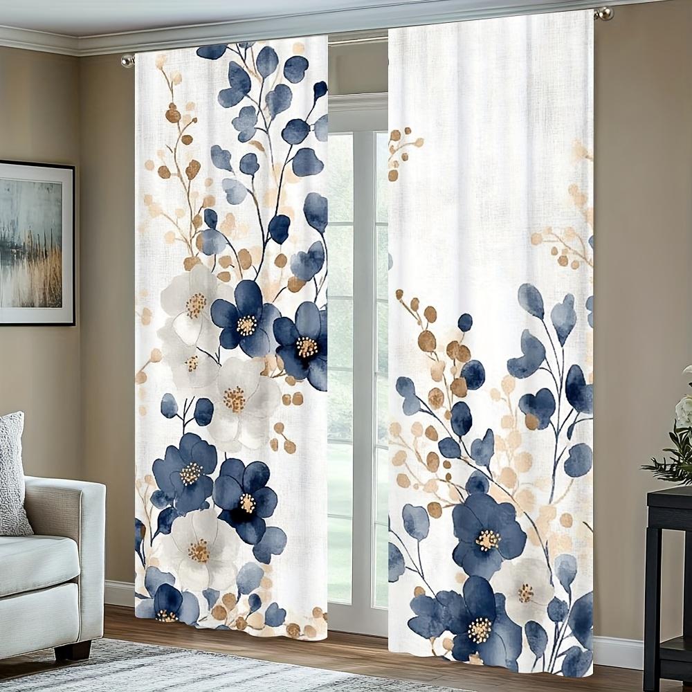 Pacote com 2 Cortinas Azul Marinho e Dourado com Estampa Floral - Tecido de Poliéster, Lavável à Máquina, Adequado para Quarto, Cozinha, Sala de Estar