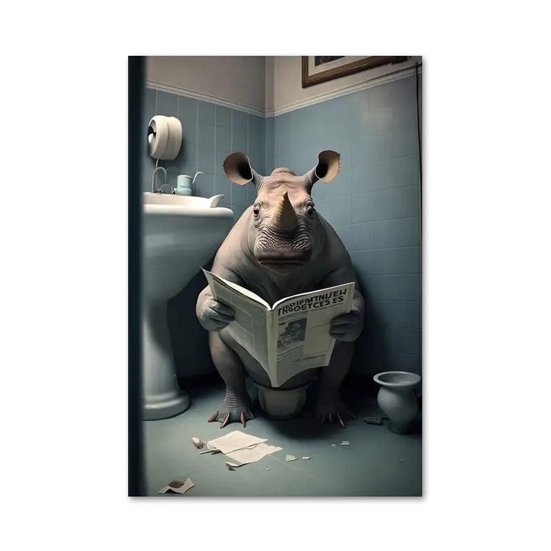 Funny Bathroom Humorous Animal Bear Dog Tiger Sitting On Toilet Reading Newspaper Canvas Painting Posters and Prints Wall Art
