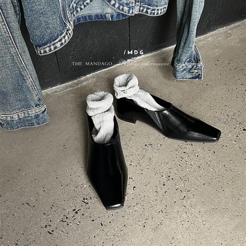 2024 Autumn Retro Square Toe Soft Leather Block Heel Shoes