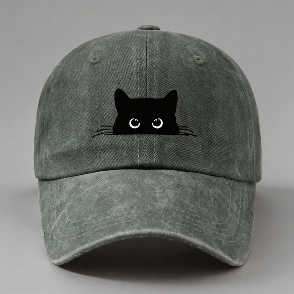 Small Black Cat Print Cotton Baseball Cap With Sun Protection For Casual Outdoor Activities