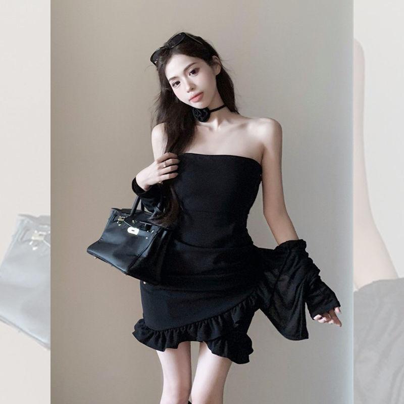 Hepburn style irregular ruffle edge hip-wrapped short skirt sexy hottie one-word shoulder tube top showing figure trendy dress
