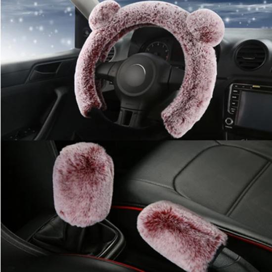 New 3Pcs Winter Plush Fur Car Steering Wheel Cover Hand Brake Handbrake Cover Gear Knob Cover Fluffy Soft Grab cute Styling