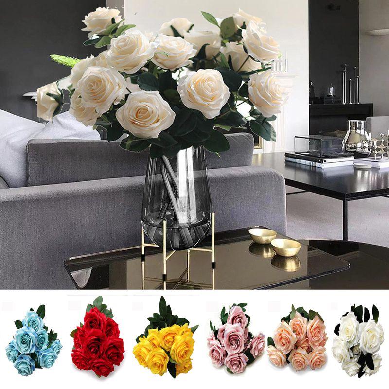 Elegant 10 Heads Silk Rose Artificial Flowers Bouquet For Wedding And Home Decor