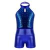 Kids Gymnastics Outfit Sleeveless Halter Sequin Patchwork Leotard Metallic High Waist Shorts Dance Performance Set