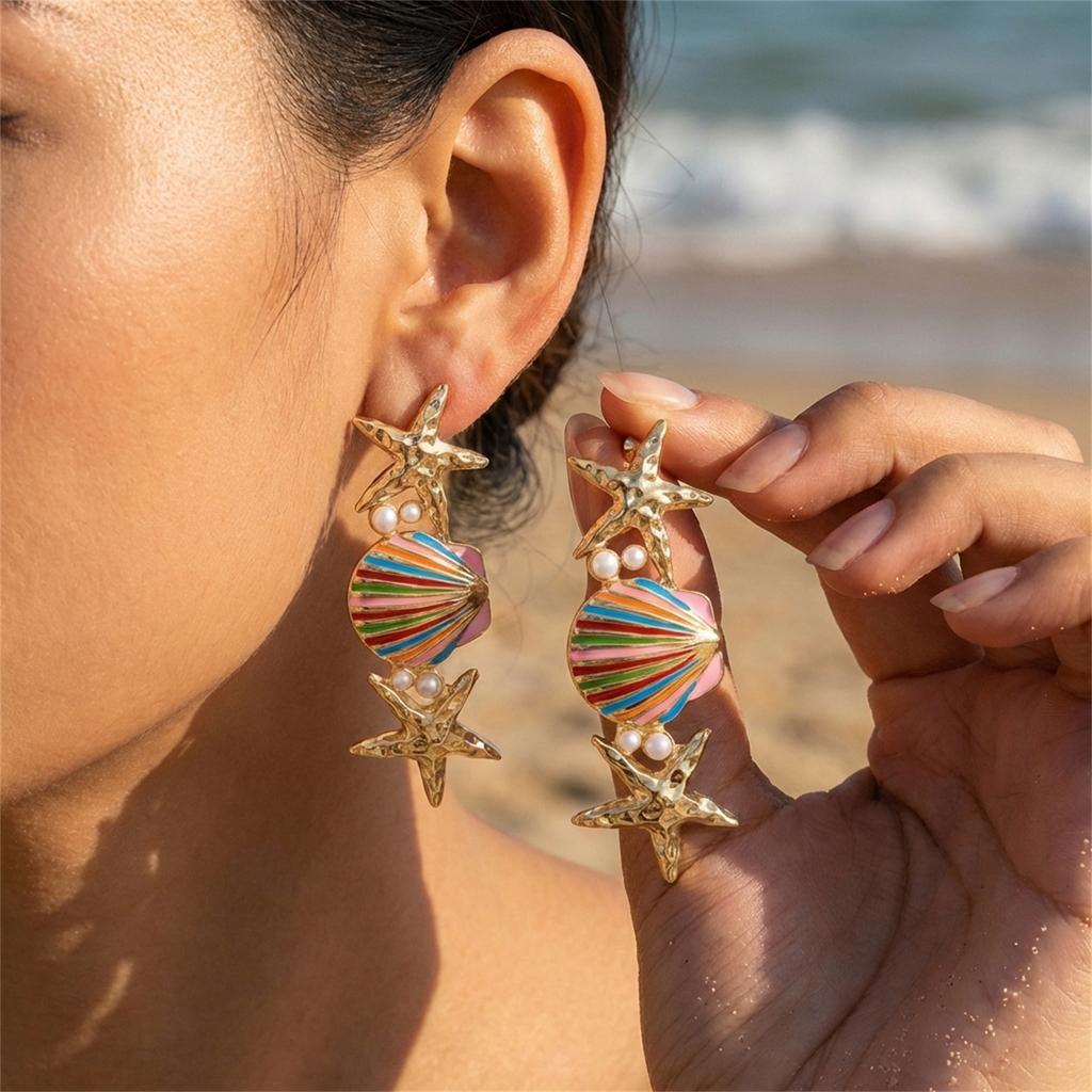 Colorful Enamel Shell Conch Starfish Imitation Pearl Earrings Ocean Style Vacation Accessory Women's Fashion Trend