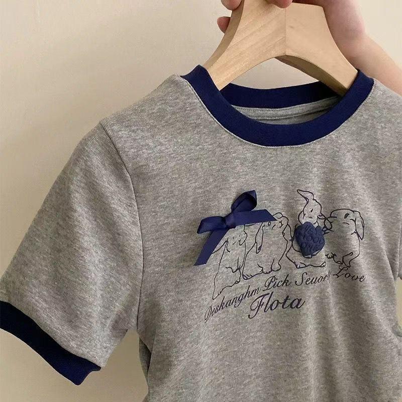 Girls' Contrast Edge T-Shirt & Plaid Skirt Set - Cartoon Embroidery (2-Piece Summer Outfit)