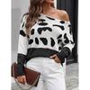 Damen S Ein Schulter Leo-Print Pullover Strickpullover Lässig Winter