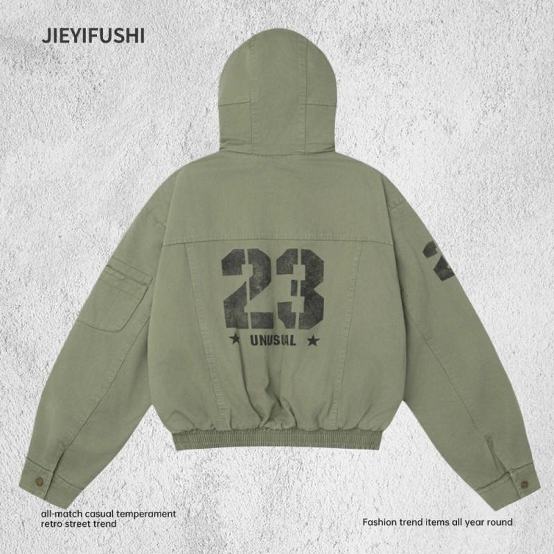 Mens Winter Hooded Cargo Cotton Coat Multi-Pocket Fleece Lined Loose Print Warm Streetwear Jacket
