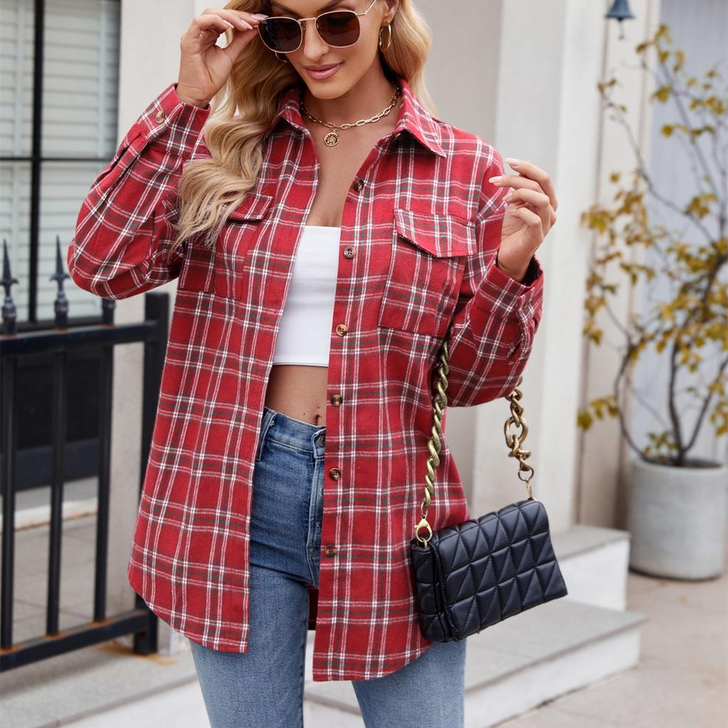 HNXC Women's Fashion Casual Autumn Winter Plaid Print Long Sleeve POLO Neck Blouses & Shirts