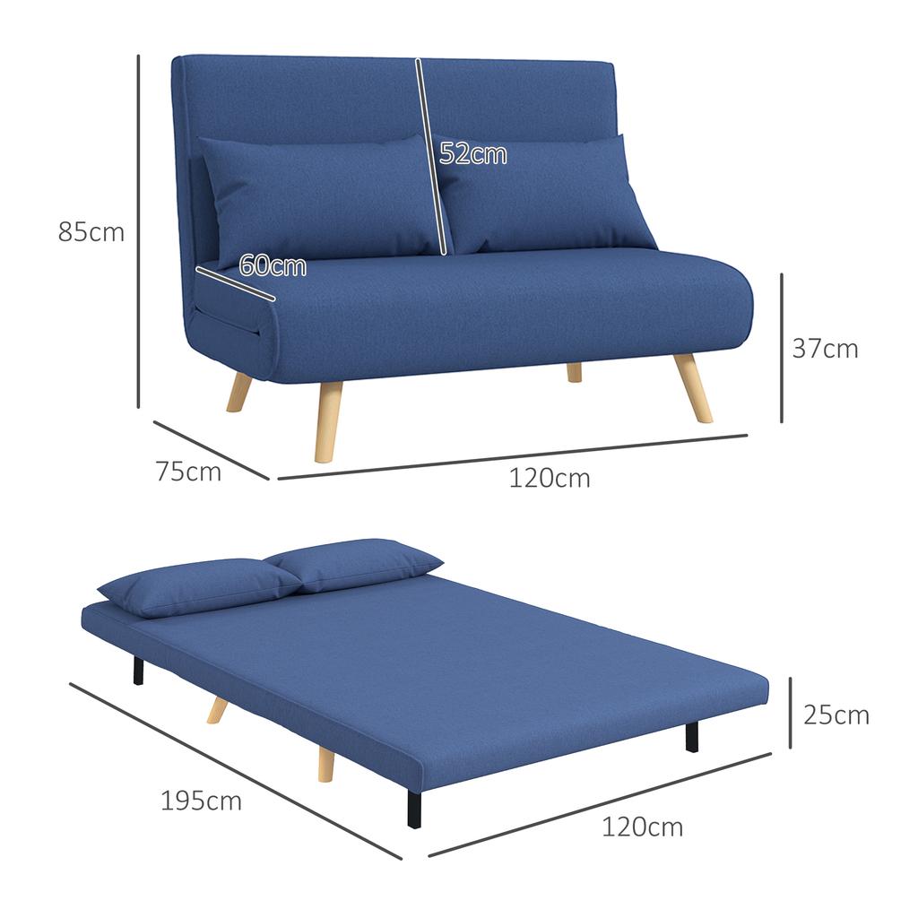 2-Seater Sofa Bed Linen-Type Upholstered with Backrest Adjustable In 5 Positions and 2 Pillows 120x75x85 Cm Dark Blue