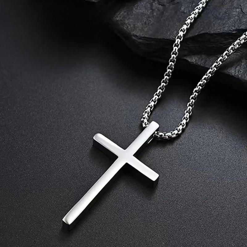 Cross Necklace for Men Women, Silver Color Plain Cross Pendant Collar with Stainless Steel Box Chain