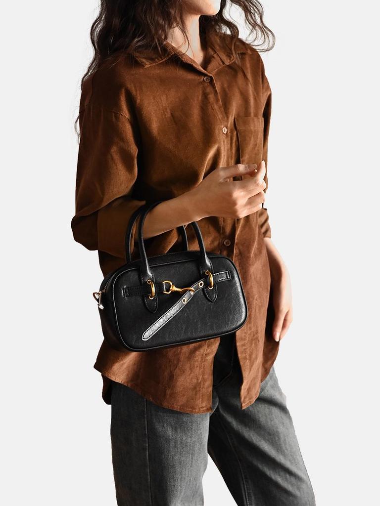 Exklusiv Retro Boston Bowling Handväska i Äkta Läder - Snygg Axelremsväska & Pendlarväska för Kvinnor