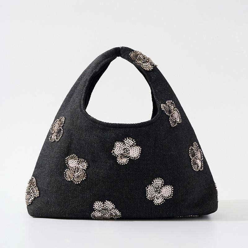 1pcs Creative Denim Tote Bag Retro Exquisite Sequin Flower Handbag Stylish Daily Casual Denim Handheld Bag