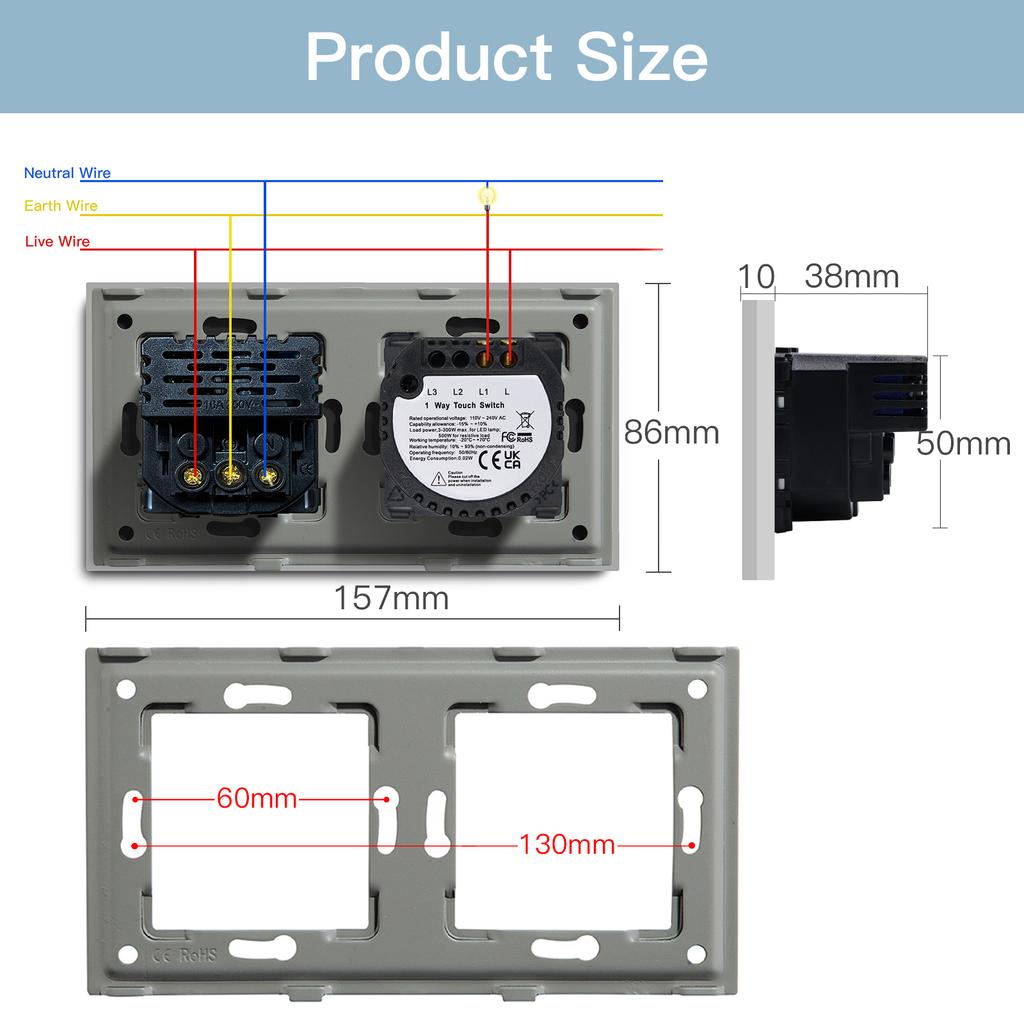 BSEED 1/2/3pólový dotykový vypínač světla 1pólový senzorový vypínač se zásuvkou EU USB Type-C 20W rychlé nabíjení Modré podsvícení Skleněný panel