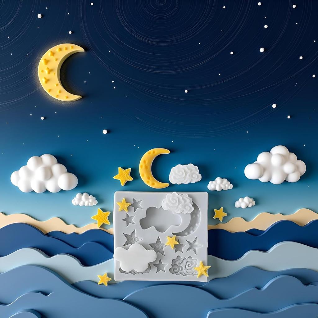 1Pc Star Moon Clouds Shaped Silicone Fondant Molds, Candy Chocolate Molds for DIY Cake Fondant Cookie Cloud Fondant Mold Moon For Candy Baking Sugar