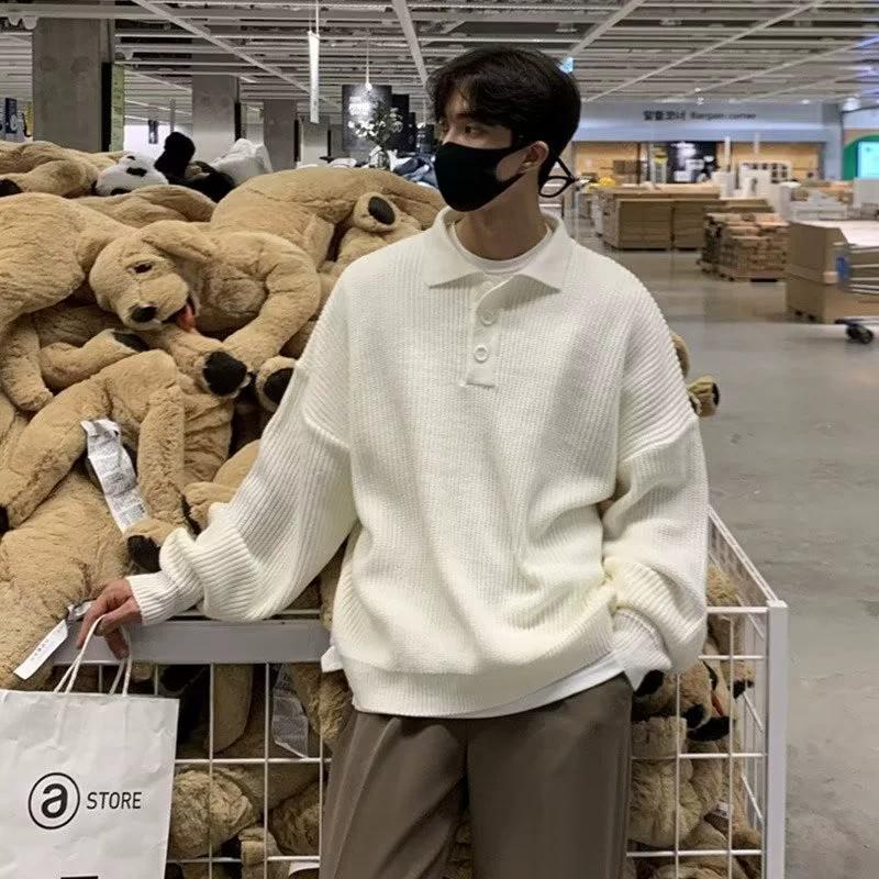Мужской объемный вязаный свитер с воротником-поло - Осенне-зимний модный стиль Гонконга, Однотонная рубашка с отложным воротником L