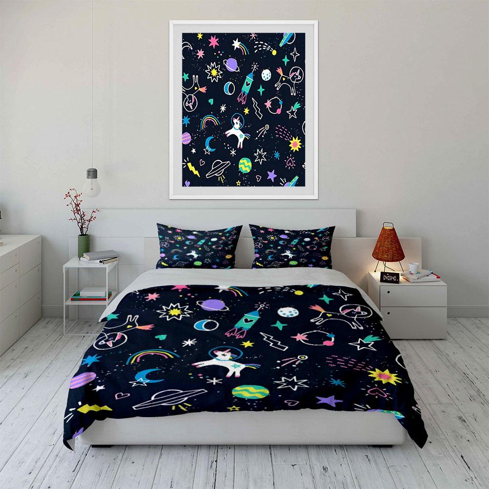 Fantasy Space Unicorns And Stars Print Bedding Set 1 Duvet Cover 2 Pillowcases For Adult And Children Luxury Gift Full Size
