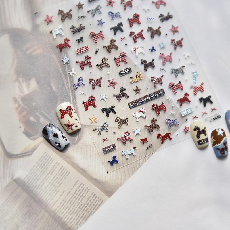 Cute Cartoon Fabric Pony Nail Stickers Embossed Nail Stickers Embossed Relief Nail Art Decoration Manicure Sticker Accessories